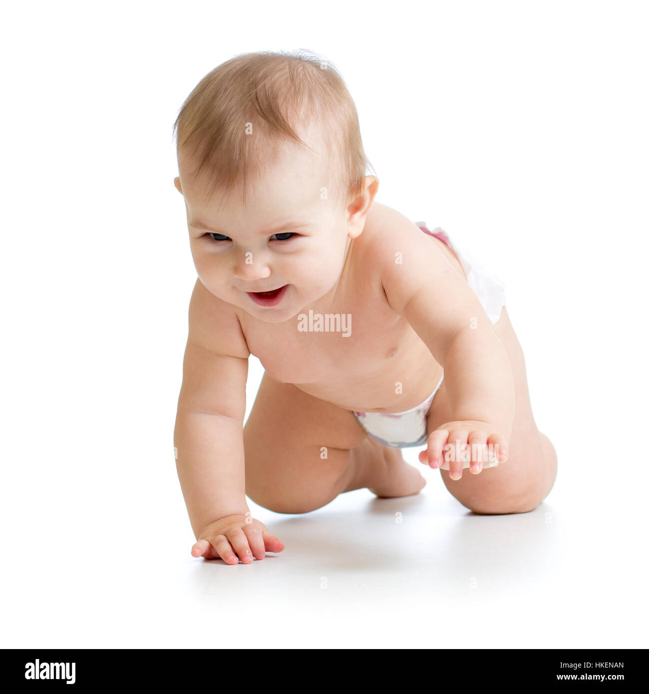 ziemlich krabbelnden Baby isoliert auf weißem Hintergrund Stockfoto