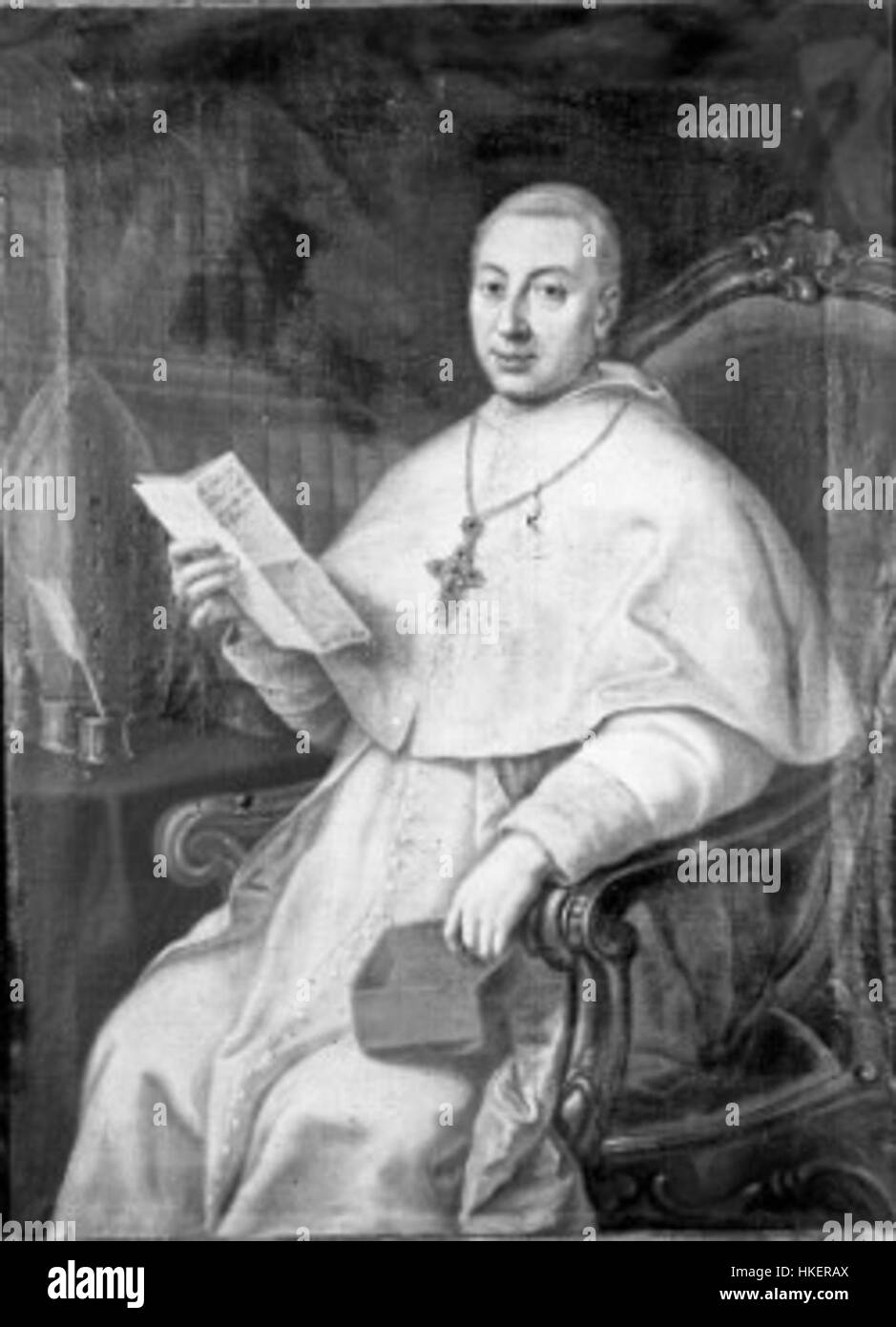 Ein Schwarzweiß-Porträt von Kardinal Andrea Giovannetti, das eine historische Figur durch detailgetreue Handwerkskunst in der Porträtkunst zeigt. Das Werk hebt den Realismus und die kirchliche Kleidung der Renaissance hervor. Stockfoto