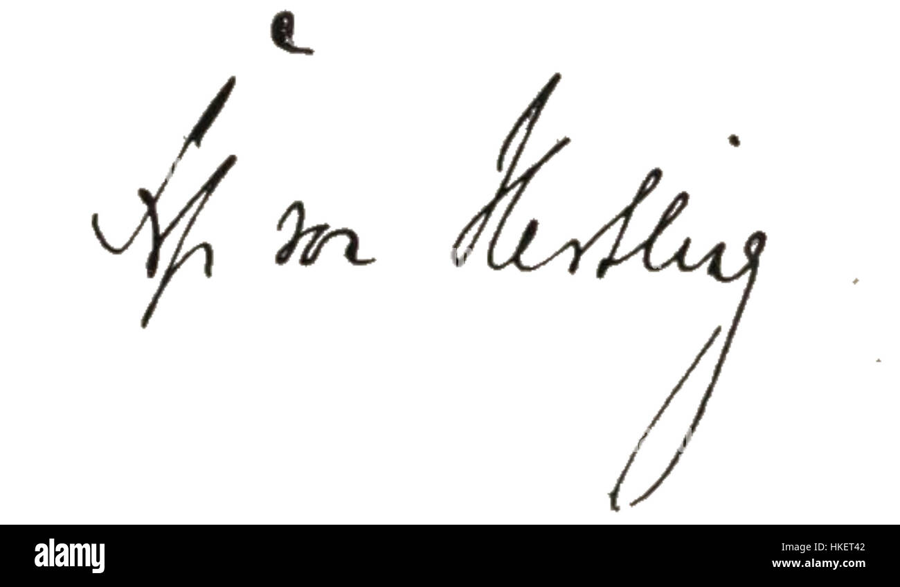 Eine historische Signatur des Künstlers Hertling mit einer persönlichen Inschrift, die die Kunst der Schrift und den Stil einer vergangenen Zeit veranschaulicht. Stockfoto