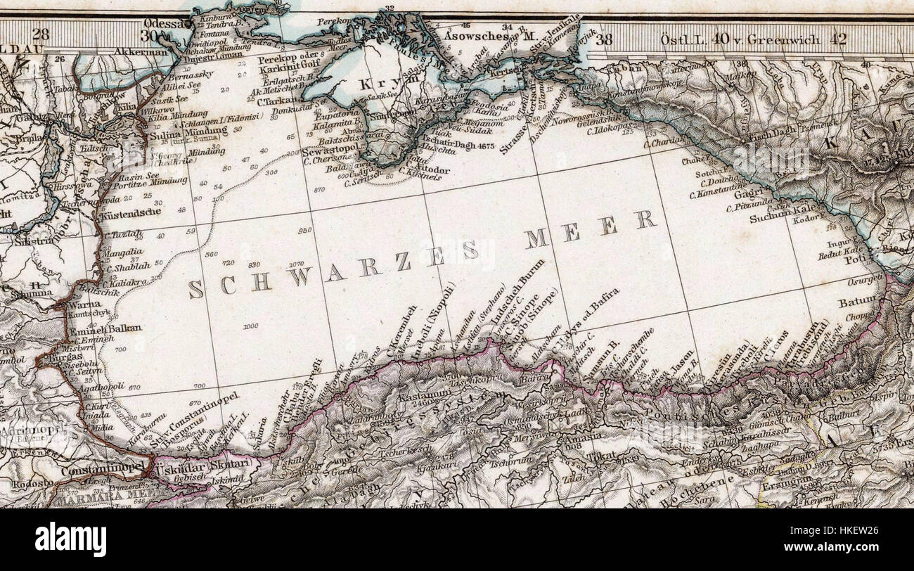 „Das Mittellandische Meer und Nord Afrika“ (1875) von Adolf Stieler ist eine detaillierte Karte, die das Mittelmeer und Nordafrika zeigt. Stielers Karte zeichnet sich durch ihre geographische Genauigkeit und historische kartographische Bedeutung im 19. Jahrhundert aus. Stockfoto