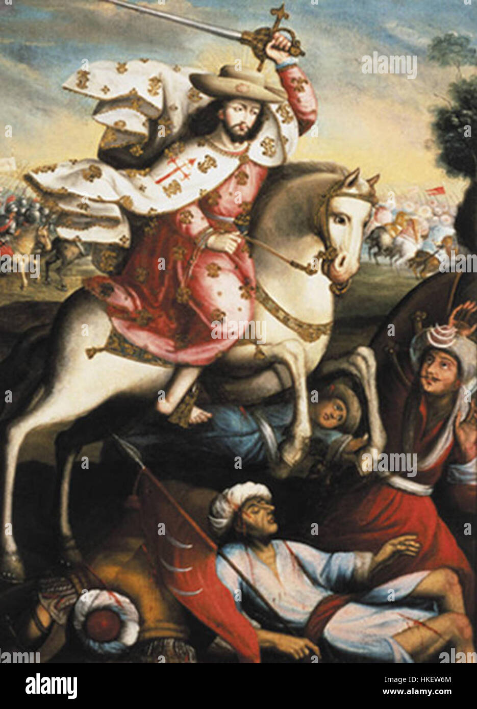 Dieses Gemälde aus dem 18. Jahrhundert zeigt Santiago Matamoros, auch bekannt als St. Jakobus der Maurer, eine Schlüsselfigur in der spanischen Geschichte. Das Kunstwerk fängt die Legende des heiligen Jakobus in der Schlacht ein und unterstreicht seine heldenhafte Rolle im mittelalterlichen Kampf gegen die Mauren. Stockfoto
