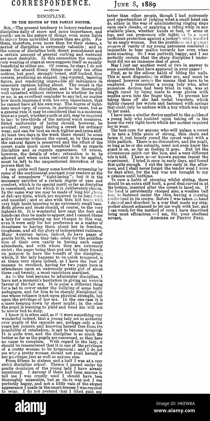 Eine Illustration aus der Ausgabe des Magazins Family Doctor vom 8. Juni 1889, die Gesundheits- und Wellness-Ratschläge der Ära enthält. Dieser Vintage-Druck bietet historische Einblicke in die medizinischen Praktiken und die gesellschaftliche Sicht auf die Gesundheit während des späten 19. Jahrhunderts. Stockfoto