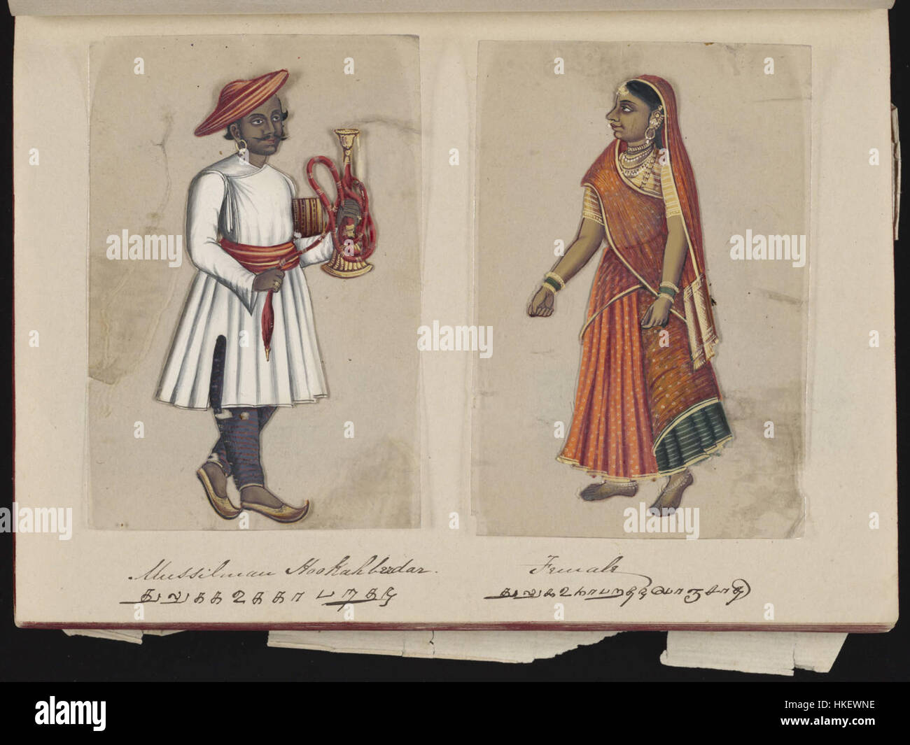 Dieses Gemälde ist Teil einer Serie, die die verschiedenen Kasten Indiens darstellt. Das 17. Exemplar der Serie bietet eine detaillierte und respektvolle Darstellung einer bestimmten Kaste und zeigt die komplexen kulturellen und sozialen Aspekte der indischen Gesellschaft. Stockfoto