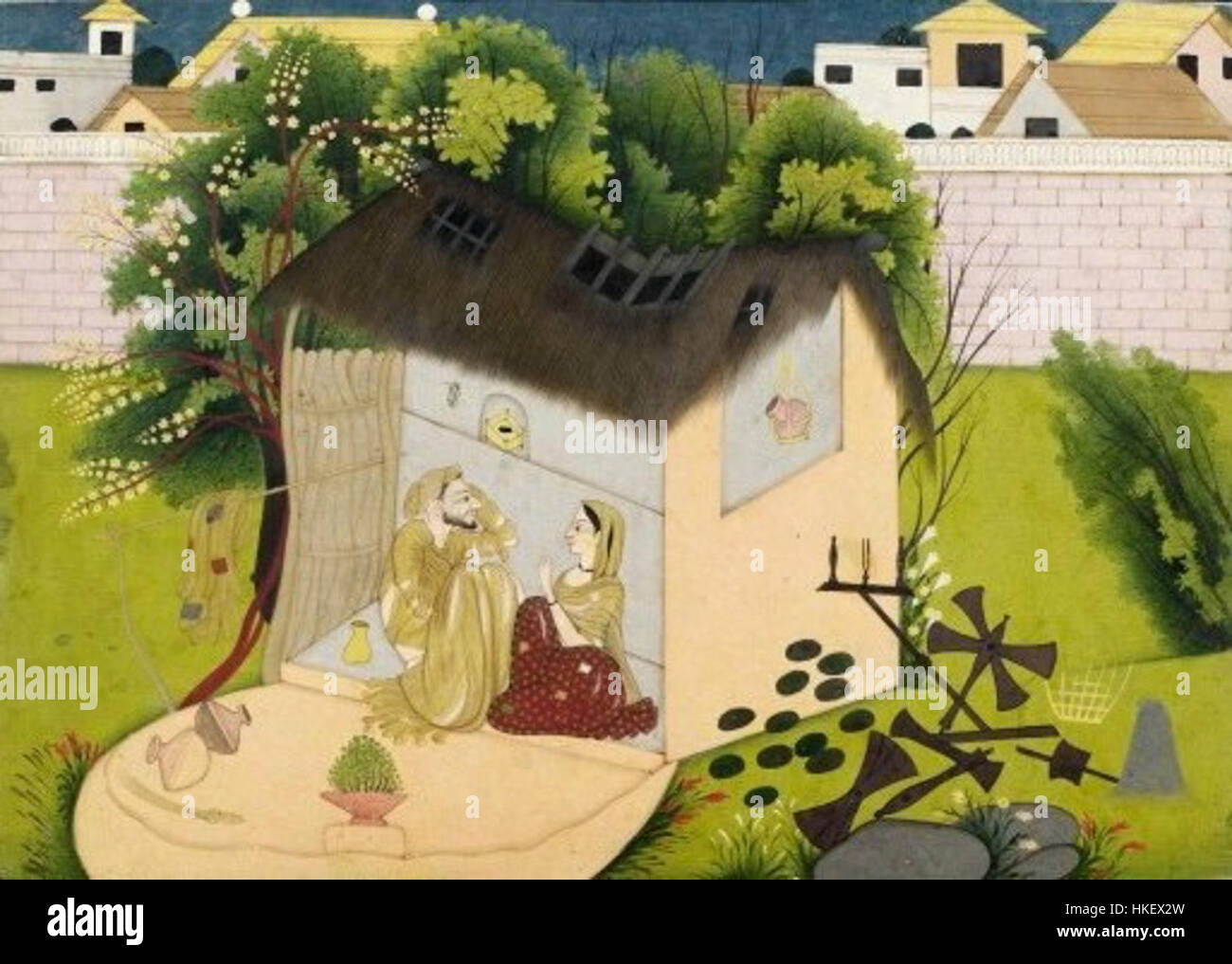 Dieses Gemälde zeigt die hinduistische Geschichte von Sudama und Lord Krishna, wo Sudamas Frau ihn dazu überredet, Krishnas Hilfe zu suchen. Das zwischen 1775 und 1790 entstandene Kunstwerk repräsentiert Themen wie Hingabe, Demut und göttliche Gnade in der hinduistischen Tradition. Stockfoto Dieses Gemälde zeigt die hinduistische Geschichte von Sudama und Lord Krishna, wo Sudamas Frau ihn dazu überredet, Krishnas Hilfe zu suchen. Das zwischen 1775 und 1790 entstandene Kunstwerk repräsentiert Themen wie Hingabe, Demut und göttliche Gnade in der hinduistischen Tradition. Stockfoto