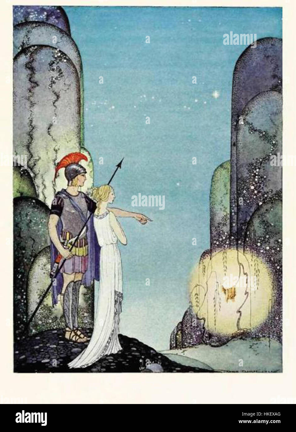 Tanglewood Tales 10 002 ist eine künstlerische Darstellung mythischer und fantastischer Themen, inspiriert von der klassischen Welt. Das Stück fängt die zeitlose Natur mythologischer Geschichten mit lebendigen Bildern und sorgfältiger Liebe zum Detail ein, typisch für den Stil des Künstlers. Stockfoto