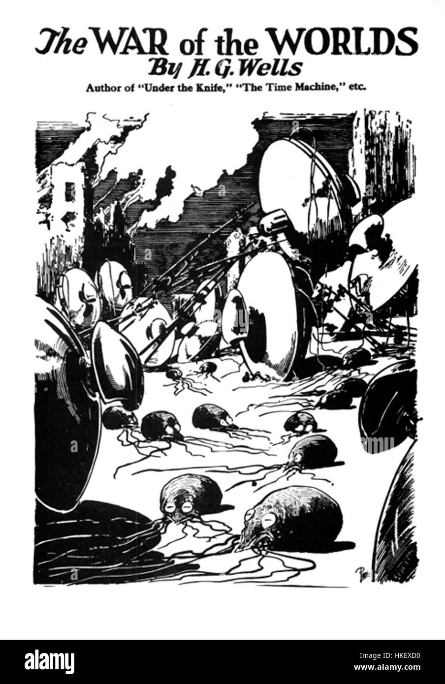 Das originale Schwarz-weiß-Cover von H.G. Wells' 'Krieg der Welten' zeigt eine dramatische Darstellung der Marsinvasion des Romans, ein ikonisches Bild aus der Science-Fiction-Literatur des frühen 20. Jahrhunderts. Stockfoto