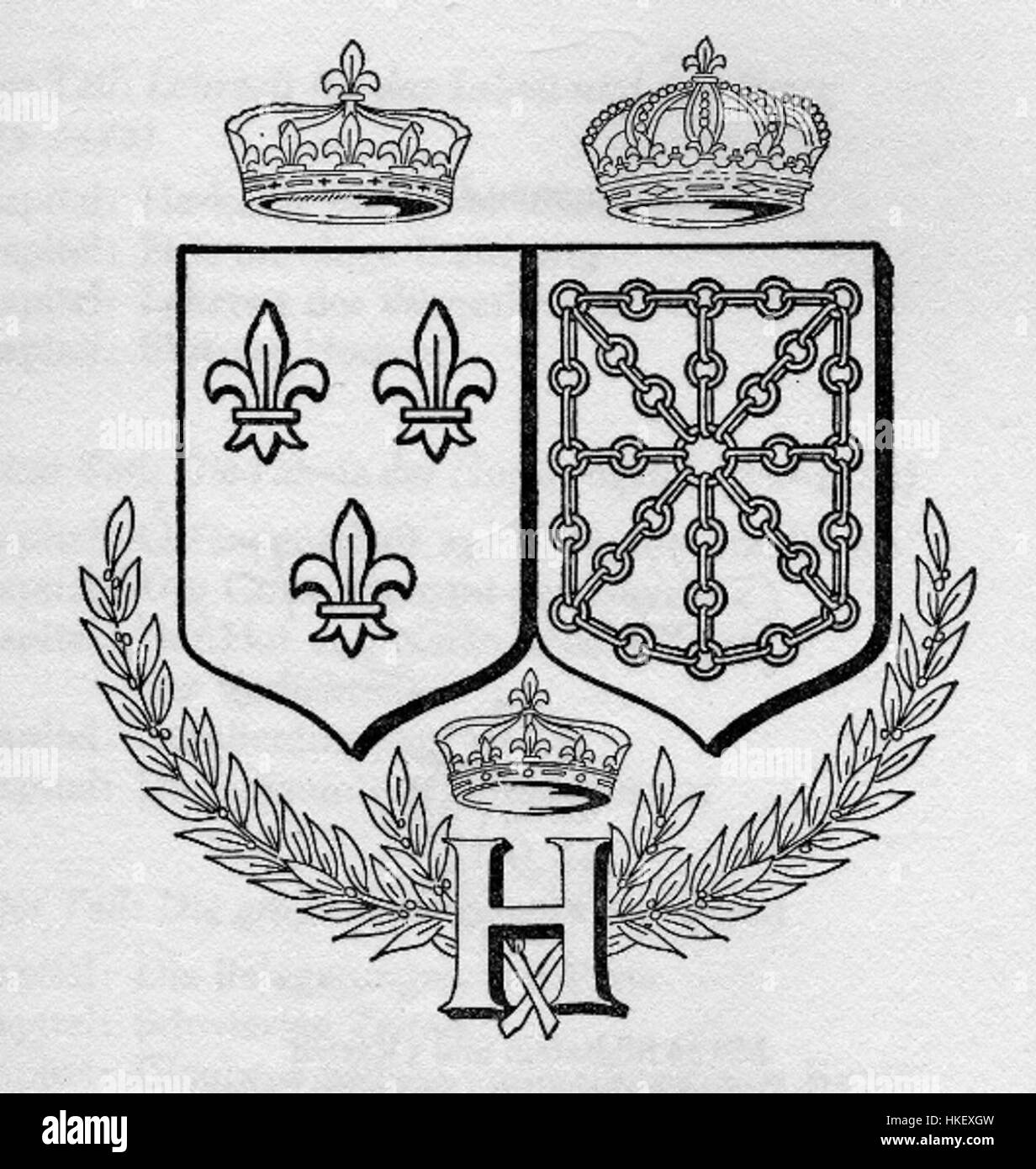 Dieses Kunstwerk zeigt das Wappen von König Heinrich IV. Von Frankreich. Das heraldische Design spiegelt den Symbolismus seiner Herrschaft und die Bedeutung seiner Herrschaft in der französischen Geschichte des späten 16. Und frühen 17. Jahrhunderts wider. Stockfoto