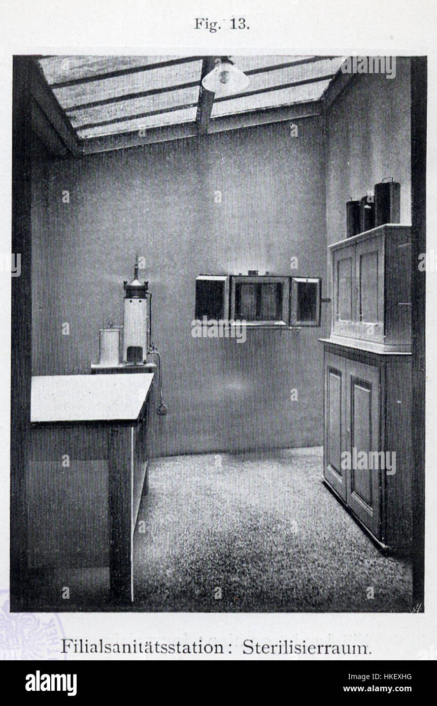 Diese Abbildung zeigt einen Sterilisationsraum aus der Filialsanitaetsstation (Zweigkrankenhaus), der einen Einblick in die medizinischen Praktiken und Hygienestandards des 19. Jahrhunderts bietet. Der Raum ist so ausgelegt, dass die Sauberkeit und Sicherheit chirurgischer Geräte gewährleistet ist. Stockfoto