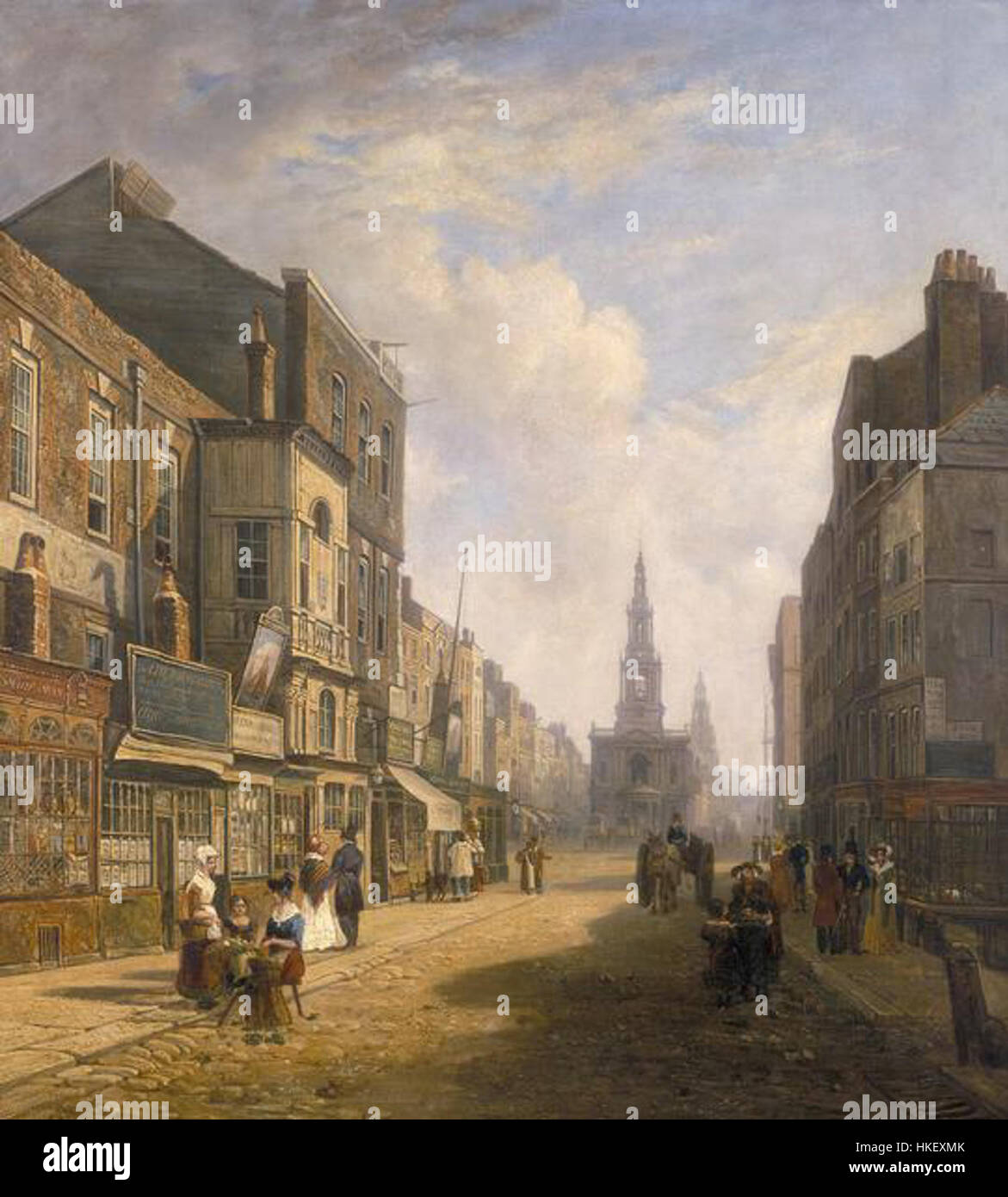 Dieses historische Gemälde aus der Zeit um 1824 zeigt The Strand, eine der berühmtesten Straßen Londons, aus Exeter Change. Die Szene bietet einen Einblick in die Architektur und das geschäftige Straßenleben Londons aus dem 19. Jahrhundert und unterstreicht die städtische Entwicklung der Stadt in dieser Zeit. Stockfoto