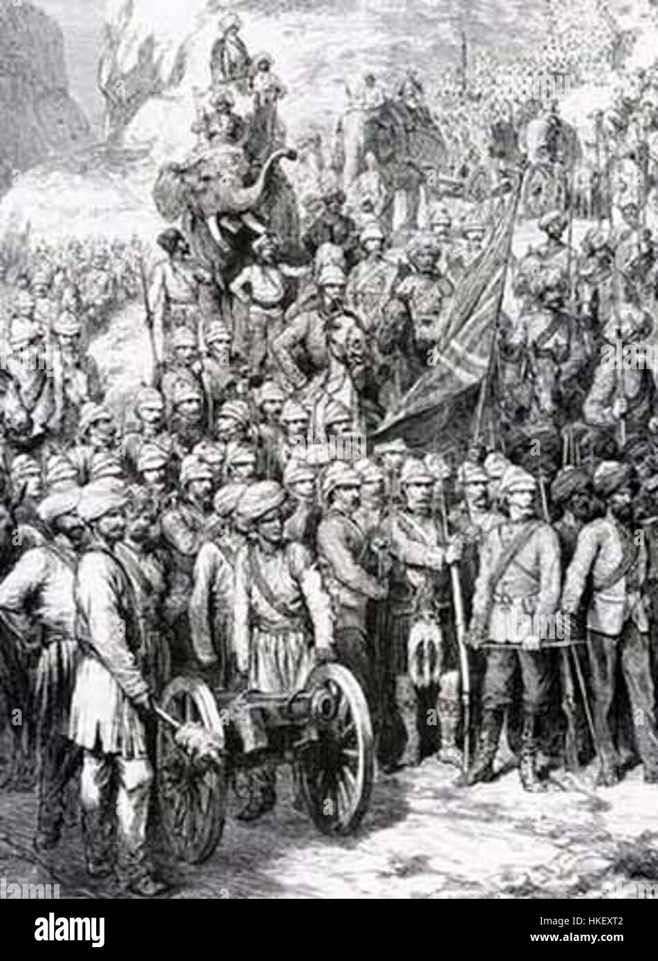 Dieses Gemälde zeigt Soldaten in Kandahar, Afghanistan, während des Anglo-Afghanischen Krieges von 1880. Das Kunstwerk fängt die angespannte Atmosphäre des Konflikts und die militärische Präsenz in der Region zu dieser Zeit ein. Stockfoto