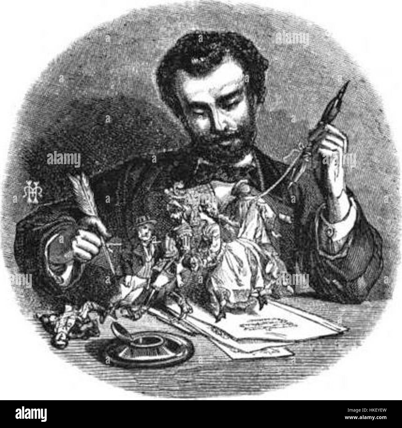 Ein Porträt von Charles Yriarte, das eine elegante Figur im klassischen Stil des 19. Jahrhunderts darstellt. Das Gemälde spiegelt den detaillierten Ansatz des Künstlers wider, die raffinierte Ästhetik dieser Zeit einzufangen. Stockfoto