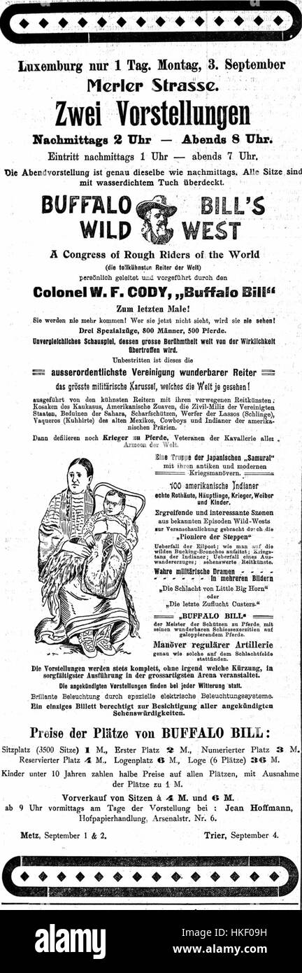 Dieses Vintage-Poster wirbt für Buffalo Bill's Wild West Show, die am 3. September 1906 in Luxemburg stattfinden soll. Die Veranstaltung bot aufregende Aufführungen, die die amerikanische Grenze präsentierten, darunter Cowboy-Stunts, indianische Auftritte und scharfe Shooting-Ausstellungen. Stockfoto
