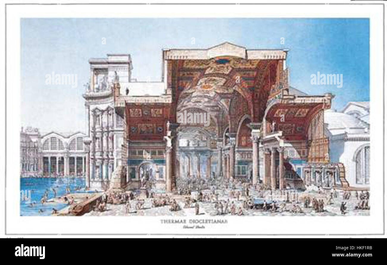 Dieses Gemälde von Paulin aus dem Jahr 1880 zeigt die Diokletianbäder in Rom und zeigt die Pracht und architektonische Komplexität eines der größten antiken römischen Badekomplexe. Das Kunstwerk hebt die historische und kulturelle Bedeutung der römischen Ingenieurskunst hervor. Stockfoto