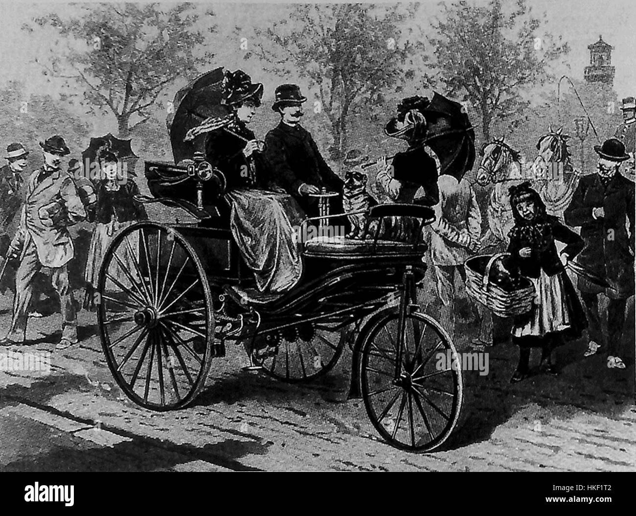 Der „Benz Patent Motorwagen“ mit Carl Benz ist ein ikonisches Gemälde, das das erste Automobil darstellt und den historischen Moment der industriellen Innovation im 19. Jahrhundert veranschaulicht. Stockfoto
