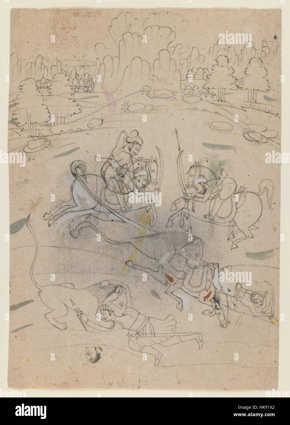 „Lion Hunt 2“ im Brooklyn Museum ist eine lebendige Darstellung einer königlichen Jagdszene. Das Kunstwerk stellt die Macht und das Drama der Jagd dar und spiegelt historische Traditionen und königliche Kultur wider. Stockfoto