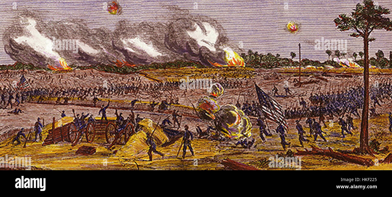 Das Gemälde „Battle of Fort Blakely“ zeigt die letzte Schlacht des Bürgerkriegs im April 1865. Es zeigt Gewerkschaftskräfte, die die konföderierte Verteidigung einschlagen, was einen entscheidenden Moment in der Alabama-Kampagne markiert. Der Künstler fängt die dramatische militärische Aktion und die emotionale Intensität des Kampfes ein. Stockfoto
