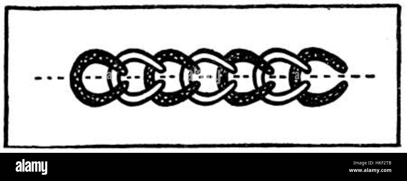 Dieses Bild zeigt ein Textilkunstwerk mit Kettenstich in einem karierten Muster mit zwei Kontrastfarben. Die Technik hebt die komplizierten Details der Stickerei hervor. Stockfoto