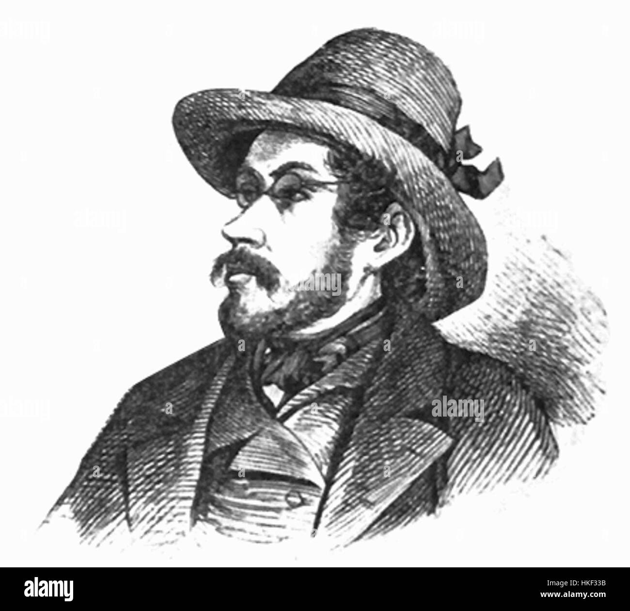 Ein Porträt von Cezar Bolliac, einer rumänischen Figur, die für seine Beiträge zur kulturellen und literarischen Landschaft bekannt ist. Das Gemälde stellt seine bedeutende Rolle in der rumänischen Geschichte dar. Stockfoto