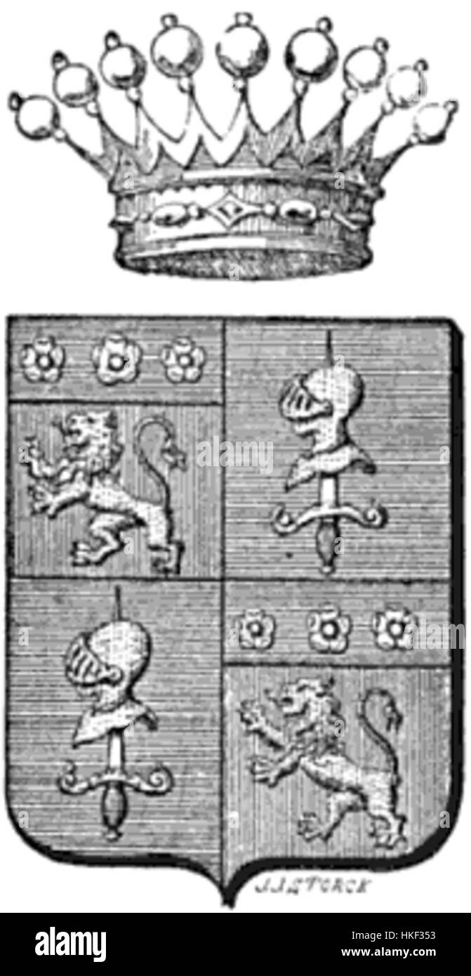 Dieses Gemälde zeigt das Wappen des Comte de Trentinian, das das heraldische Design der Adelsfamilie widerspiegelt. Das Kunstwerk fängt die komplizierten Details des Familienwappens ein und zeigt die Bedeutung des heraldischen Symbolismus in der aristokratischen Kultur. Stockfoto