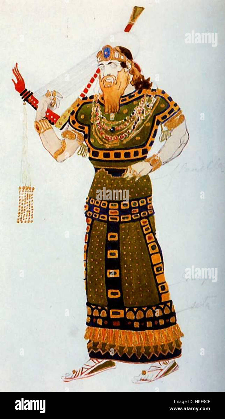 Cleopatra ist ein Ballett von Leon Bakst, das 1909 erstmals aufgeführt wurde. Die Inszenierung des Balletts und seine visuelle Ästhetik spiegeln die opulenten und exotischen Elemente des alten Ägypten wider, mit lebendigen Kostümen und ausdrucksstarken Bühnendesigns. Stockfoto