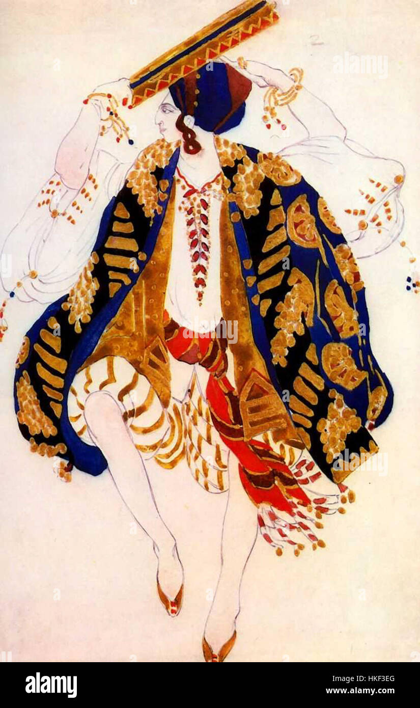 Dieses Bild zeigt ein Bühnenbild oder ein Kostüm aus dem Ballett „Cleopatra“ des berühmten Künstlers Leon Bakst. Baksts Entwürfe sind bekannt für seine Arbeit in den Ballets Russes und werden für ihre dramatischen, lebhaften Farben und komplizierten Muster gefeiert, die das Wesen des alten Ägyptens in einem modernen Ballettstil einfangen. Stockfoto