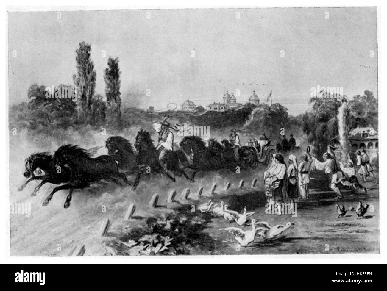 Dieses Gemälde aus dem Jahr 1868 zeigt die Carriage of Carol I. von Rumänien und zeigt die Größe und historische Bedeutung der königlichen Prozession. Das Bild hebt die Opulenz der Zeit und die Bedeutung von Carol I. in der rumänischen Geschichte hervor. Stockfoto