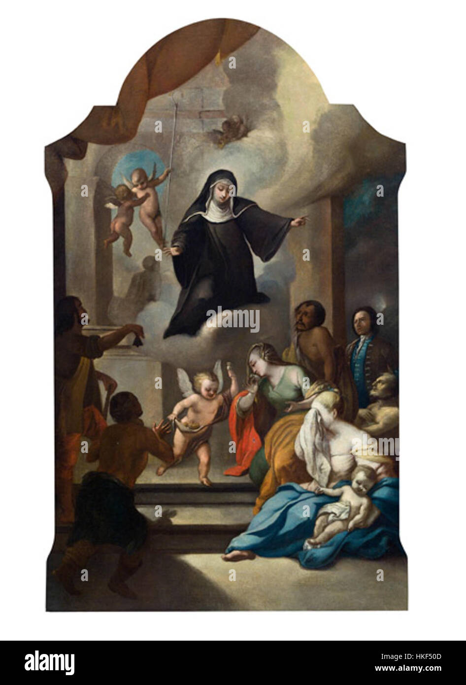 „Legende der hl Walburga“ ist ein Gemälde aus dem 18. Jahrhundert, das die Legende der heiligen Walburga darstellt. Das Kunstwerk fängt das Leben und die Wunder des heiligen ein und betont die religiöse Hingabe und den mittelalterlichen Kunststil. Stockfoto