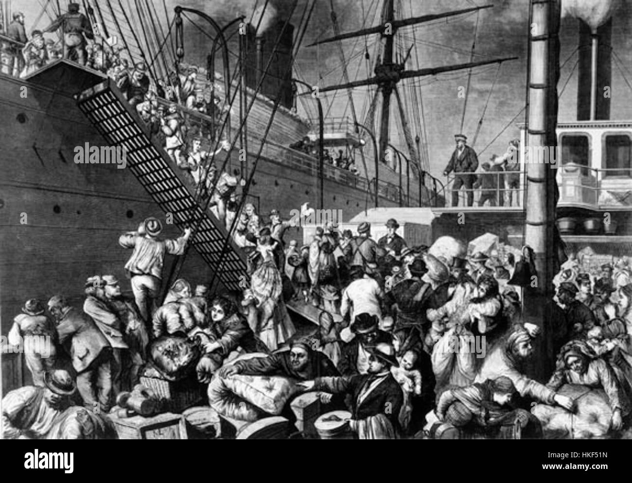 Dieses Gemälde aus dem 19. Jahrhundert fängt den Moment ein, in dem deutsche Emigranten in Hamburg an Bord eines Schiffes gehen. Die Szene zeigt die Massenmigration der Deutschen während dieser Zeit und zeigt ihre Reise zu neuen Möglichkeiten über die Meere. Stockfoto