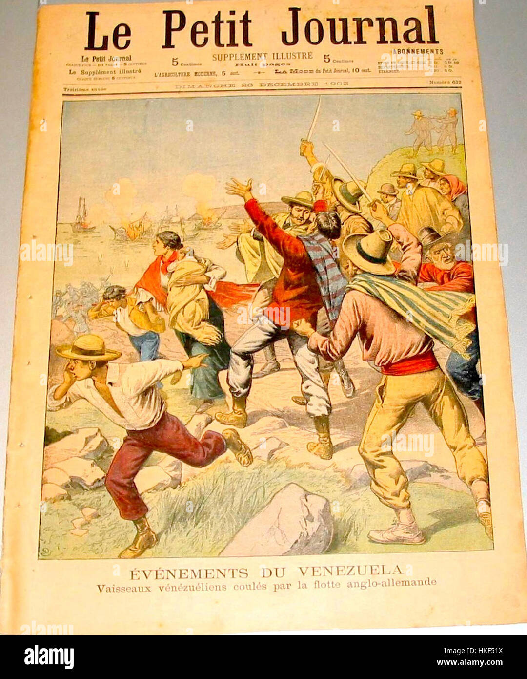 Dieses Kunstwerk mit dem Titel „Flota en La Guaira 1902“ zeigt eine historische Szene im venezolanischen Hafen von La Guaira, die eine Flotte von Schiffen zeigt, die am Hafen angedockt ist. Das Gemälde beleuchtet die maritime Aktivität des frühen 20. Jahrhunderts und fängt die geschäftige Atmosphäre des Hafens ein. Stockfoto