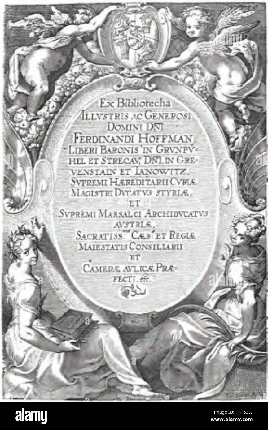 Dieses Exlibris-Design von Ferdinand Hoffmann zeigt eine detaillierte Abbildung, die den Besitz eines Buches kennzeichnen soll. Hoffmanns Stil verbindet ornamentale Grenzen mit symbolischen Elementen und spiegelt seine einzigartige Herangehensweise an grafisches Design wider. Stockfoto
