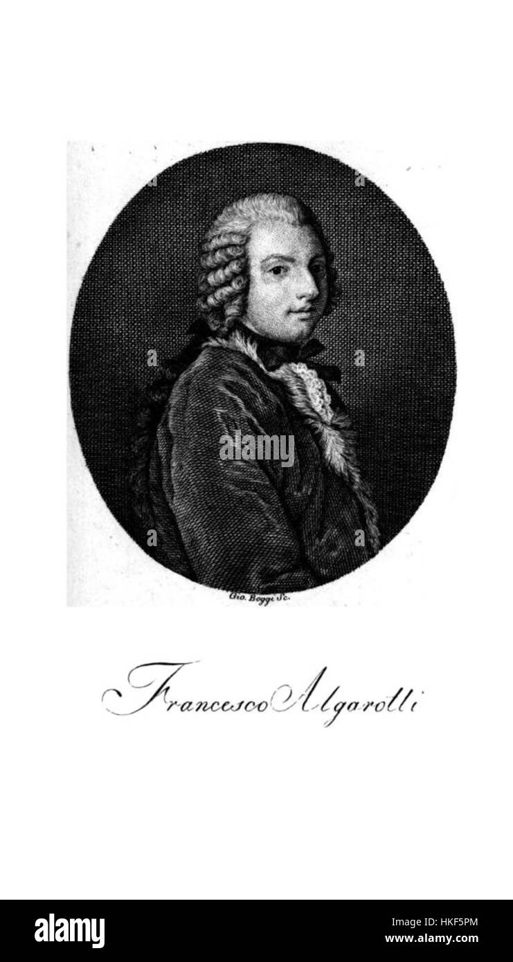 Francesco Algarottis Kunstwerk zeigt historische und philosophische Themen in klassischer Ölmalerei. Seine Werke, die oft in Galerien und Museen zu sehen sind, sind in der Kunstszene als Sammlerantik begehrt. Stockfoto