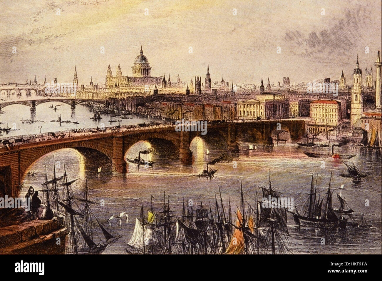 'General View of London' von William H. Bartlett ist eine Lithografie aus dem 19. Jahrhundert, die einen Panoramablick auf die Stadt London bietet. Das Kunstwerk zeigt ikonische Sehenswürdigkeiten wie die St. Paul's Cathedral und den Tower of London und bietet einen historischen Blick auf die Architektur und das städtische Layout der Stadt. Stockfoto