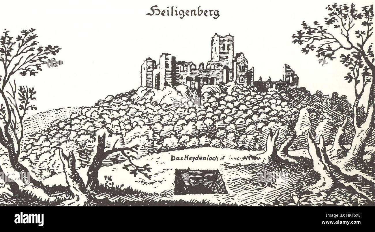 Diese Radierung von Matthäus Merian aus dem Jahr 1645 zeigt Heiligenberg und das Heidenloch bei Heidelberg. Es beleuchtet die detaillierte Landschaft und Architektur der Region und bietet einen Einblick in die europäische Sicht der Region aus dem 17. Jahrhundert. Stockfoto