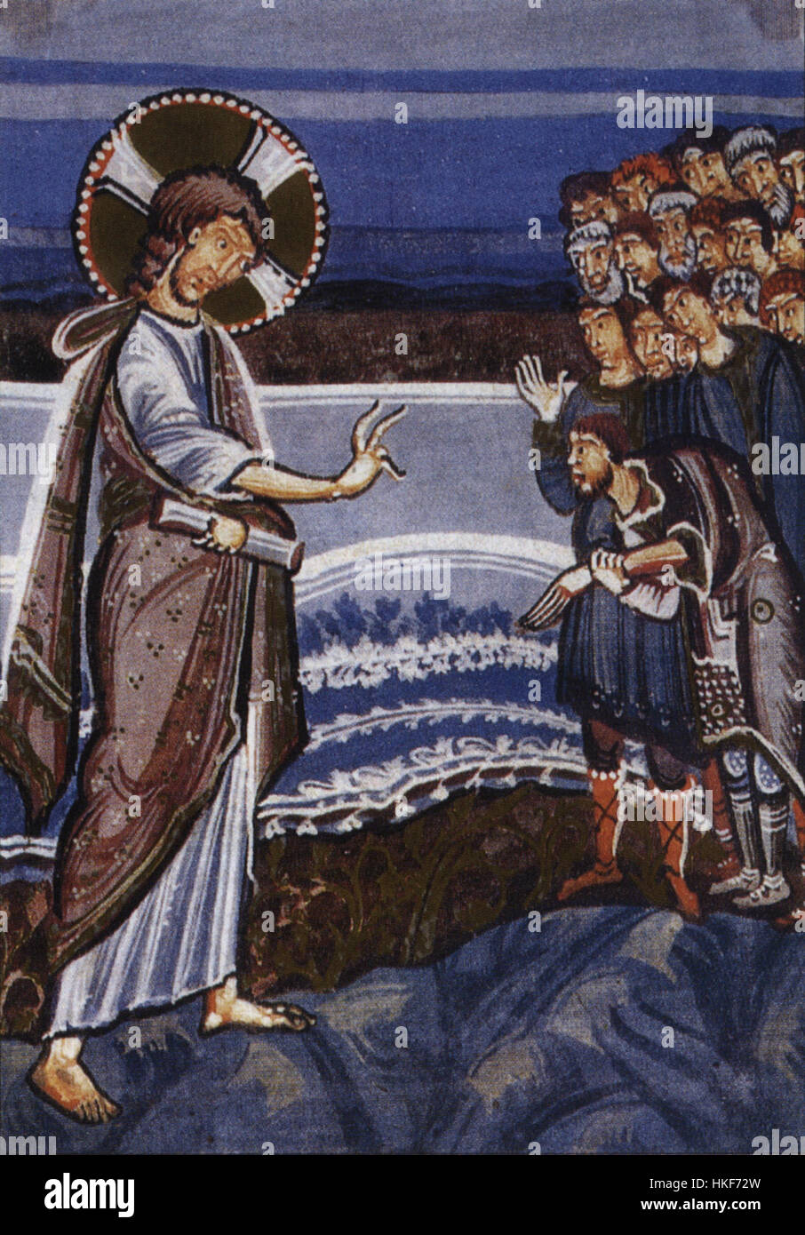 Der „Hitda Codex“ zeigt die Heilung eines Mannes mit einer verdorbenen Hand und zeigt ein biblisches Wunder. Diese mittelalterliche Handschrift ist ein wichtiges Artefakt religiöser Kunst und mittelalterlicher Manuskriptbeleuchtung. Stockfoto