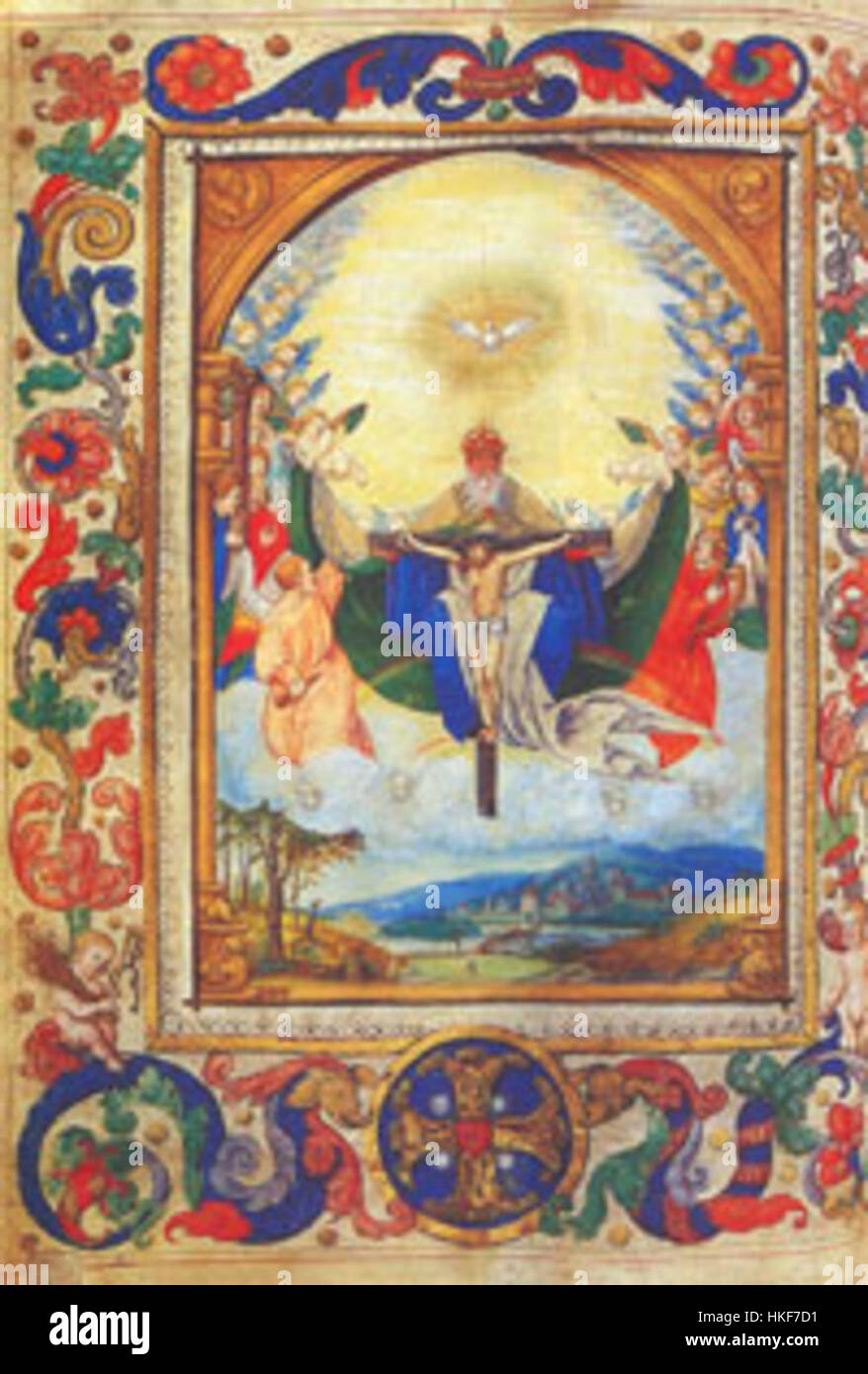 Die *Heilige Dreifaltigkeit* von Glockendon ist ein religiöses Kunstwerk, das das christliche Konzept der Heiligen Dreifaltigkeit darstellt: Der Vater, der Sohn und der Heilige Geist. Das Gemälde betont den göttlichen Symbolismus und die christliche Theologie, typisch für die religiöse Kunst in der Renaissance. Stockfoto