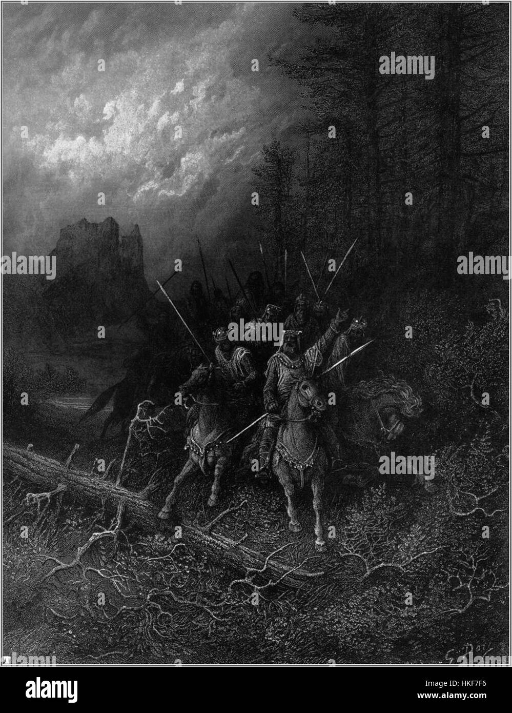 *Idylls of the King* 14 ist eine Serie von Gemälden, die von Alfred Lord Tennysons Gedichten über König Arthur und die Ritter der Tafelrunde inspiriert wurden. Dieses besondere Stück konzentriert sich auf einen idyllischen und doch melancholischen Moment innerhalb der Arthurischen Legende, der das Wesen der mittelalterlichen Ritterlichkeit einfängt. Stockfoto