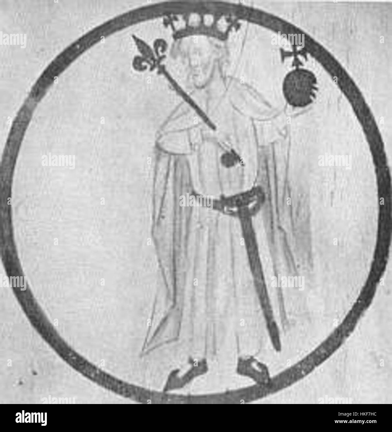 Dieses Porträt von Jakob II. Von Aragonien, König der Krone von Aragonien, zeigt die königliche Größe und würdevolle Präsenz des Monarchen. Das Gemälde repräsentiert das Mittelalter und zeigt königliche Kleidung und Insignien. Stockfoto