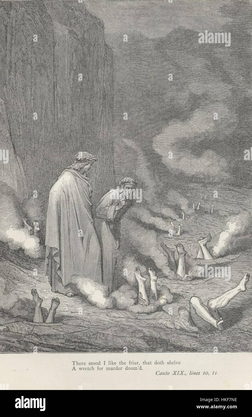 Das Inferno Canto 19 Verse 10-11 ist eine künstlerische Interpretation von Dantes Inferno, die sich speziell auf diese Verse konzentriert. Das Stück reflektiert die tiefgreifenden Themen göttlicher Gerechtigkeit und Bestrafung in Dantes epischem Gedicht. Stockfoto