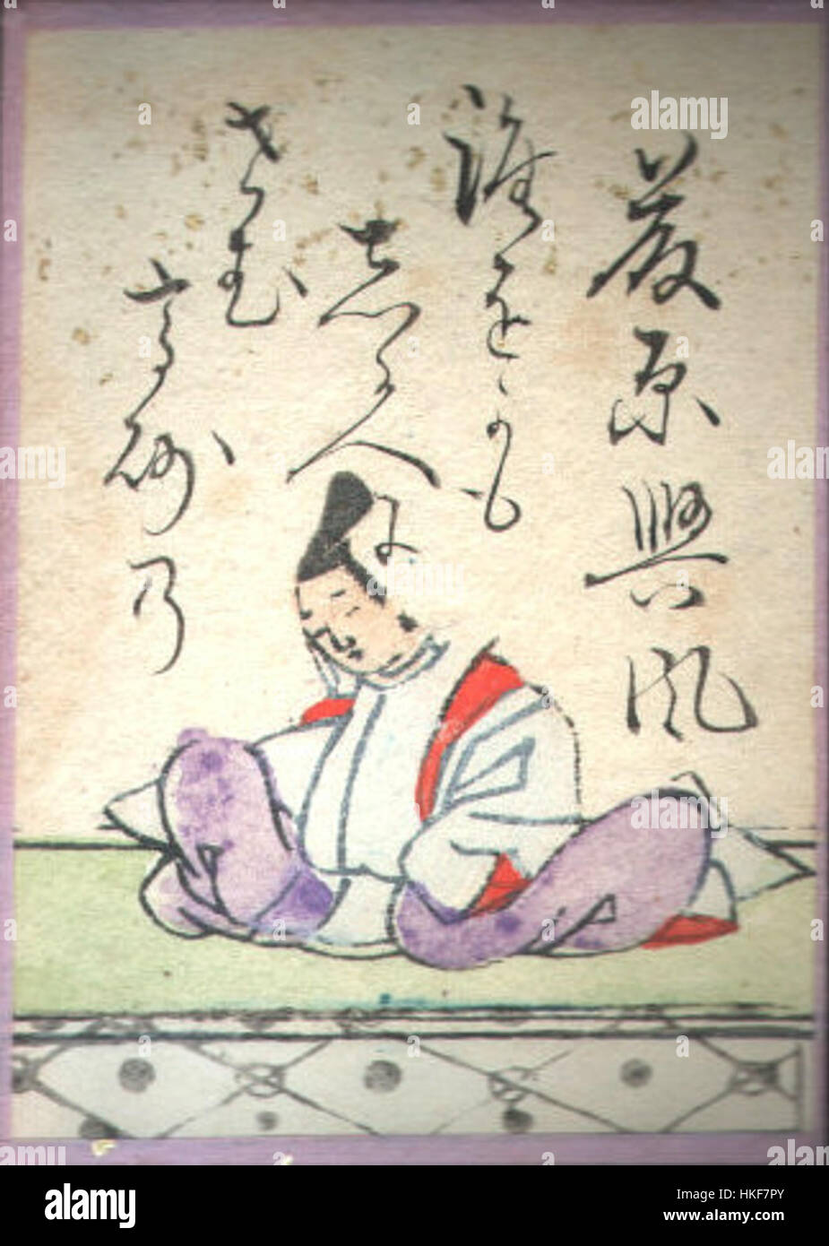 *Hyakuninisshu 034* ist ein Holzschnitt, der eines der klassischen Gedichte aus dem Hyakunin Isshu darstellt, einer berühmten Anthologie von hundert Gedichten von hundert Dichtern. Der Druck im Ukiyo-e-Stil fängt das Wesen der japanischen Literatur und bildenden Kunst aus der Edo-Zeit ein. Stockfoto