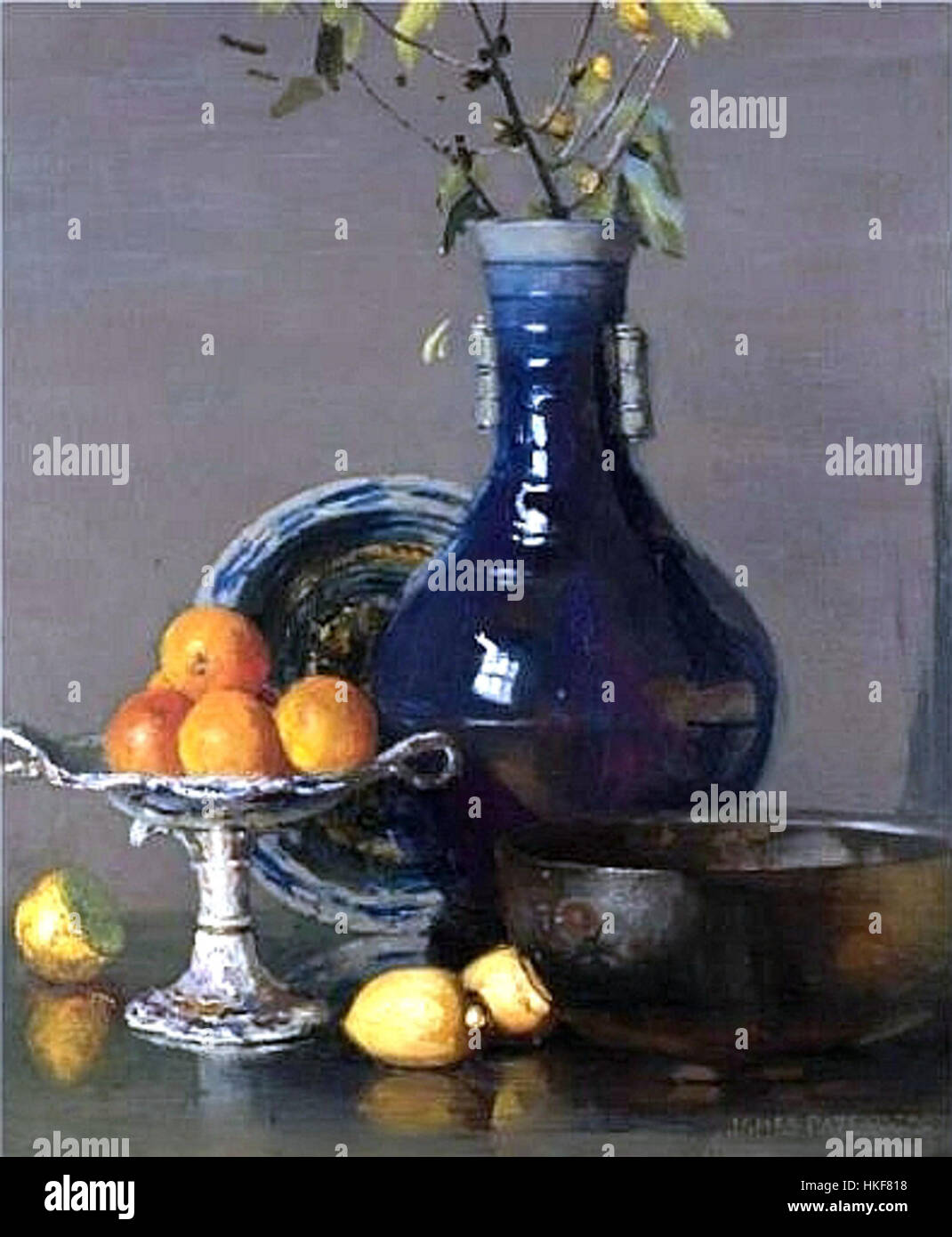 Dieses Gemälde von James Paterson zeigt eine eindrucksvolle Mischung aus violetten und goldenen Farben und zeigt die einzigartige Verwendung von Farben des Künstlers, um Emotionen und Tiefe in seiner Komposition zu vermitteln. Stockfoto