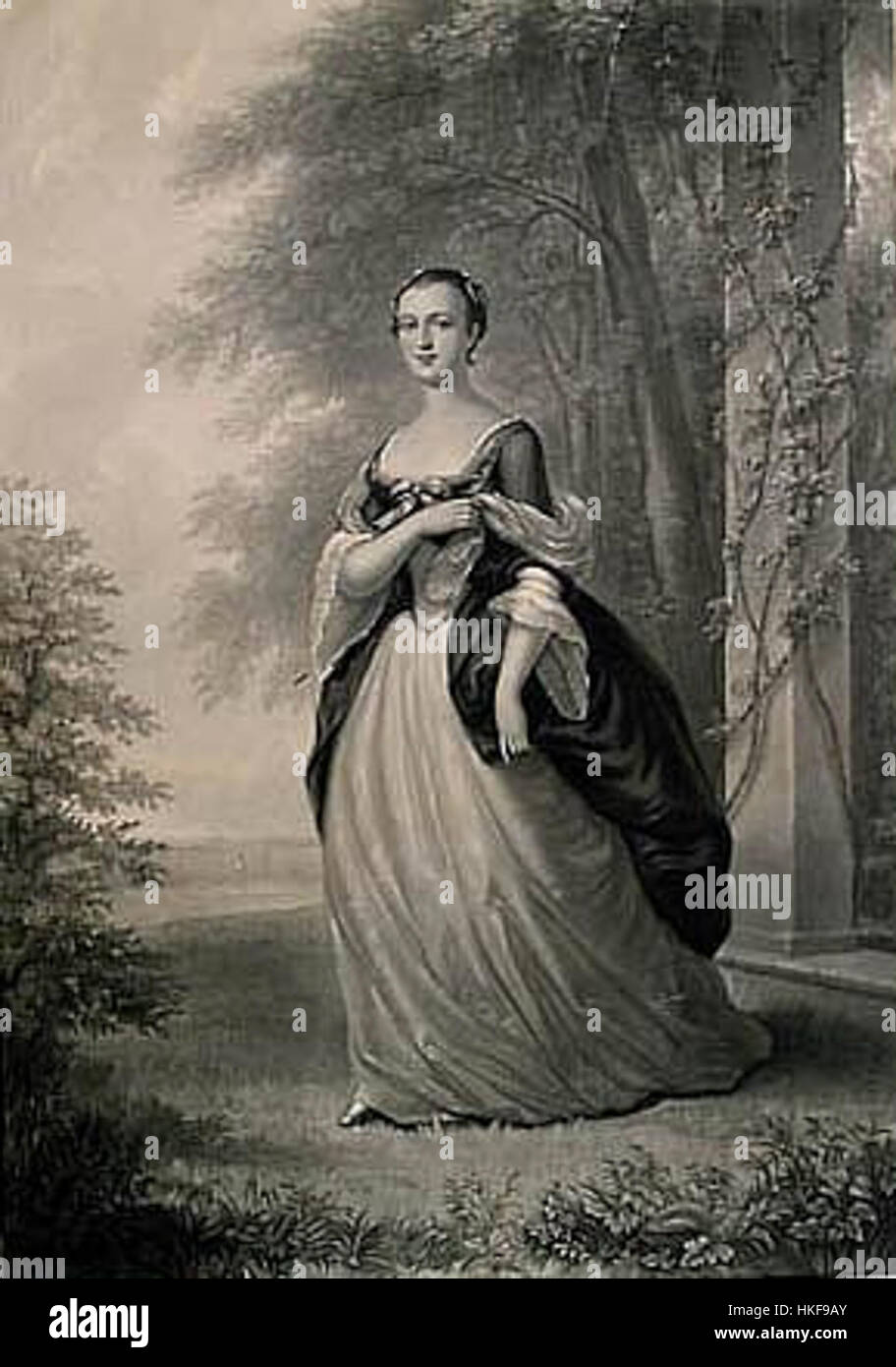 Dieses historische Ölgemälde zeigt Martha Dandridge Custis, bekannt für ihre Ehe mit George Washington. Das Porträt zeigt ihre würdevolle Präsenz, die First Lady der Vereinigten Staaten und die amerikanische Aristokratie des 18. Jahrhunderts. Stockfoto
