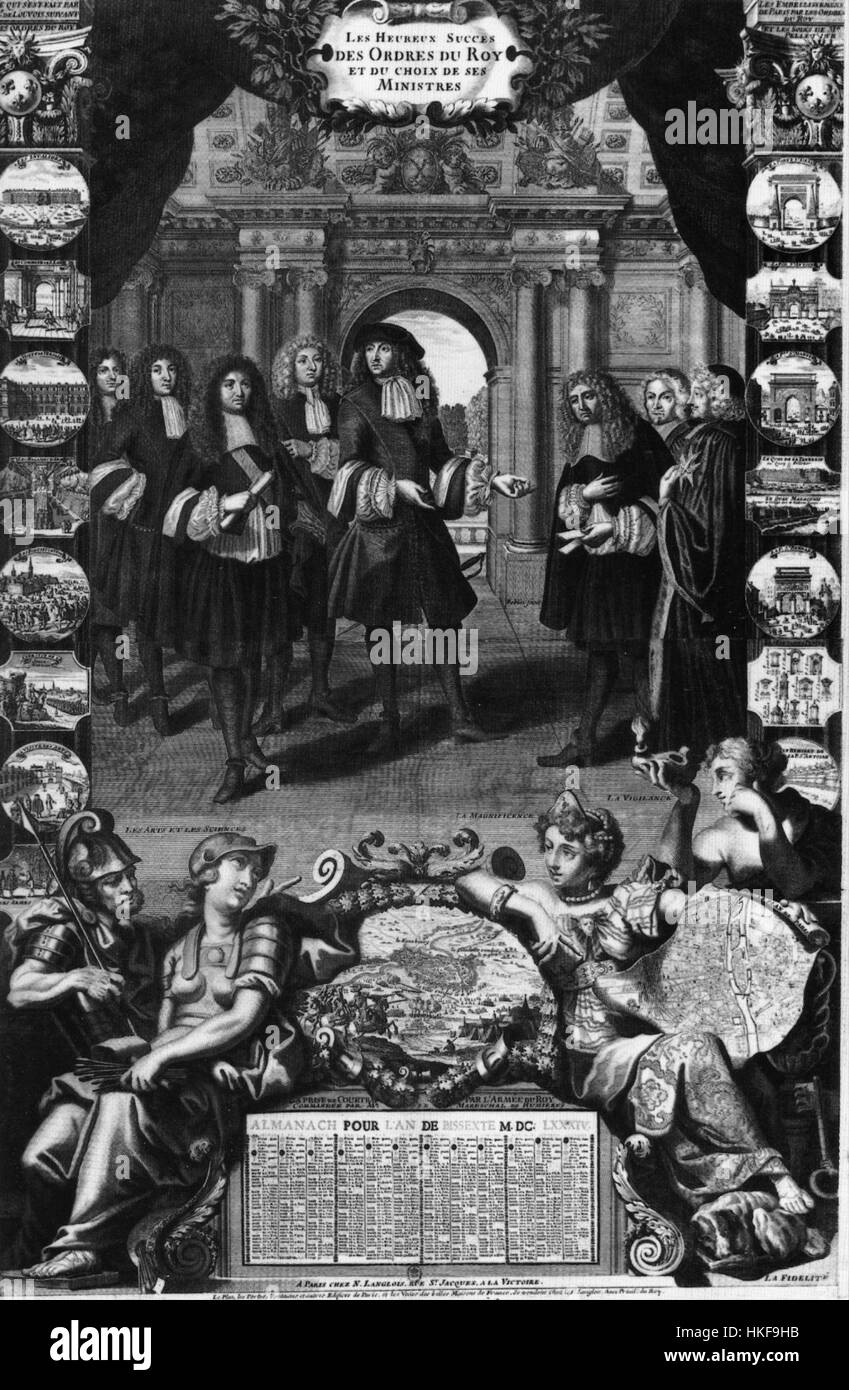 Dieses Kunstwerk zeigt König Ludwig XIV. Von Frankreich, bekannt für seine lange Herrschaft und seinen Einfluss auf die europäische Politik, Kultur und Architektur. Das Gemälde unterstreicht seine Größe und Autorität und spiegelt sein Bild als Sonnenkönig in der französischen Geschichte wider. Stockfoto