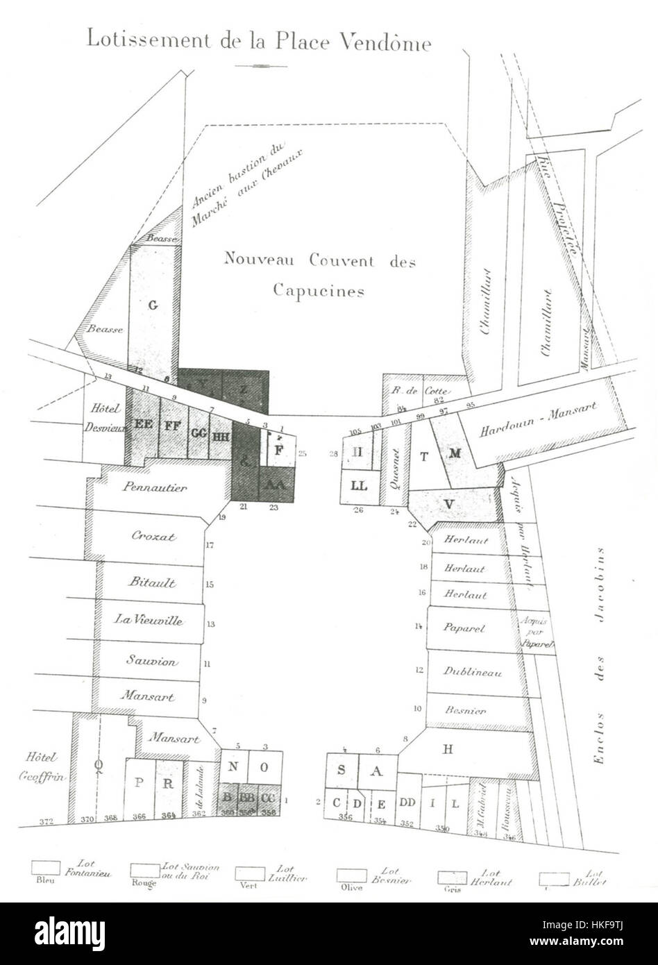 Ein Kunstwerk, das die Lots de la Place Louis le Grand darstellt und das Wesen der französischen Architektur und Gesellschaft während der Epoche erfasst, mit architektonischen Elementen und Stadtplanung der Zeit. Stockfoto