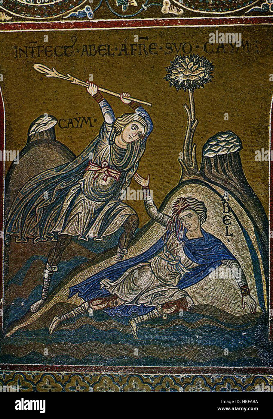 Ein mittelalterliches Kunstwerk aus der Kathedrale von Monreale, das die biblische Geschichte von Kain und Abel darstellt. Das Gemälde fängt die intensive Emotion und den tragischen Konflikt zwischen den beiden Brüdern in dieser bekannten alttestamentlichen Erzählung ein. Stockfoto