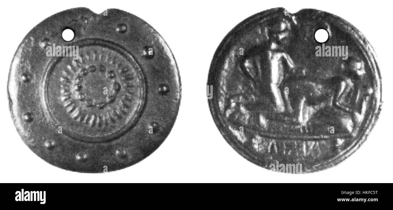 Thailener Spintria ist ein historisch bedeutsames Kunstwerk mit markantem Design und reichhaltiger Farbpalette. Das Stück wird für seine künstlerische Darstellung kultureller und historischer Motive gefeiert. Stockfoto