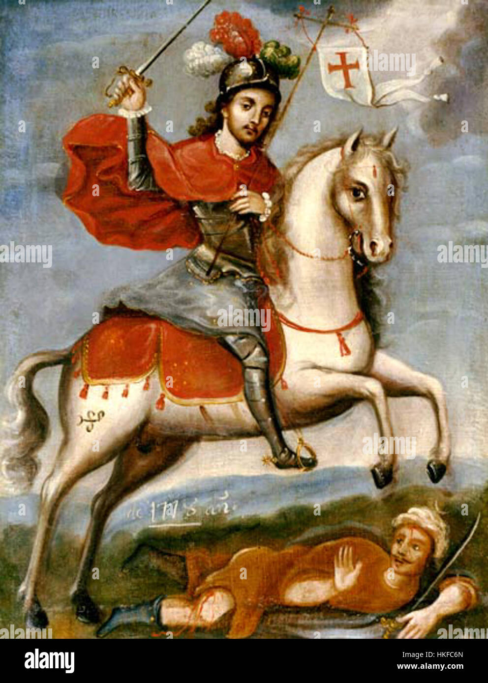 Dieses historische Gemälde zeigt den Heiligen Jakobus den Mauertochter (Santiago Matamoros) in der Schlacht, eine Schlüsselfigur der spanischen Geschichte. Das Werk betont die göttliche Intervention des heiligen in der Reconquista. Stockfoto