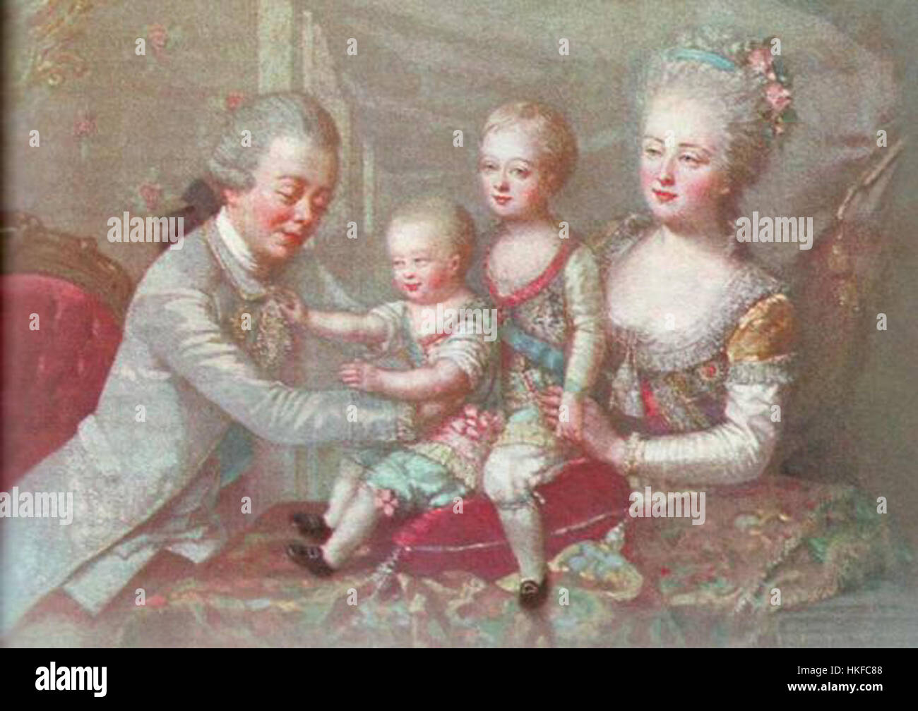 Dieses Ölgemälde zeigt Kaiser Paul I. von Russland und seine Frau Maria Fedorowna mit ihren Kindern und zeigt deren familiäre Dynamik und imperiale Rolle im späten 18. Jahrhundert. Stockfoto
