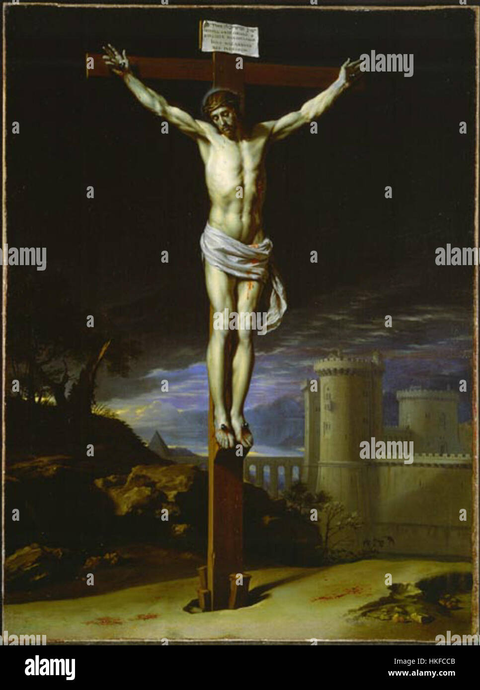 Philippe de Champaignes Gemälde „Christus am Kreuz“ zeigt eine mächtige religiöse Szene. Die Verwendung von Licht und Schatten unterstreicht die emotionale und spirituelle Bedeutung der Kreuzigung. Stockfoto