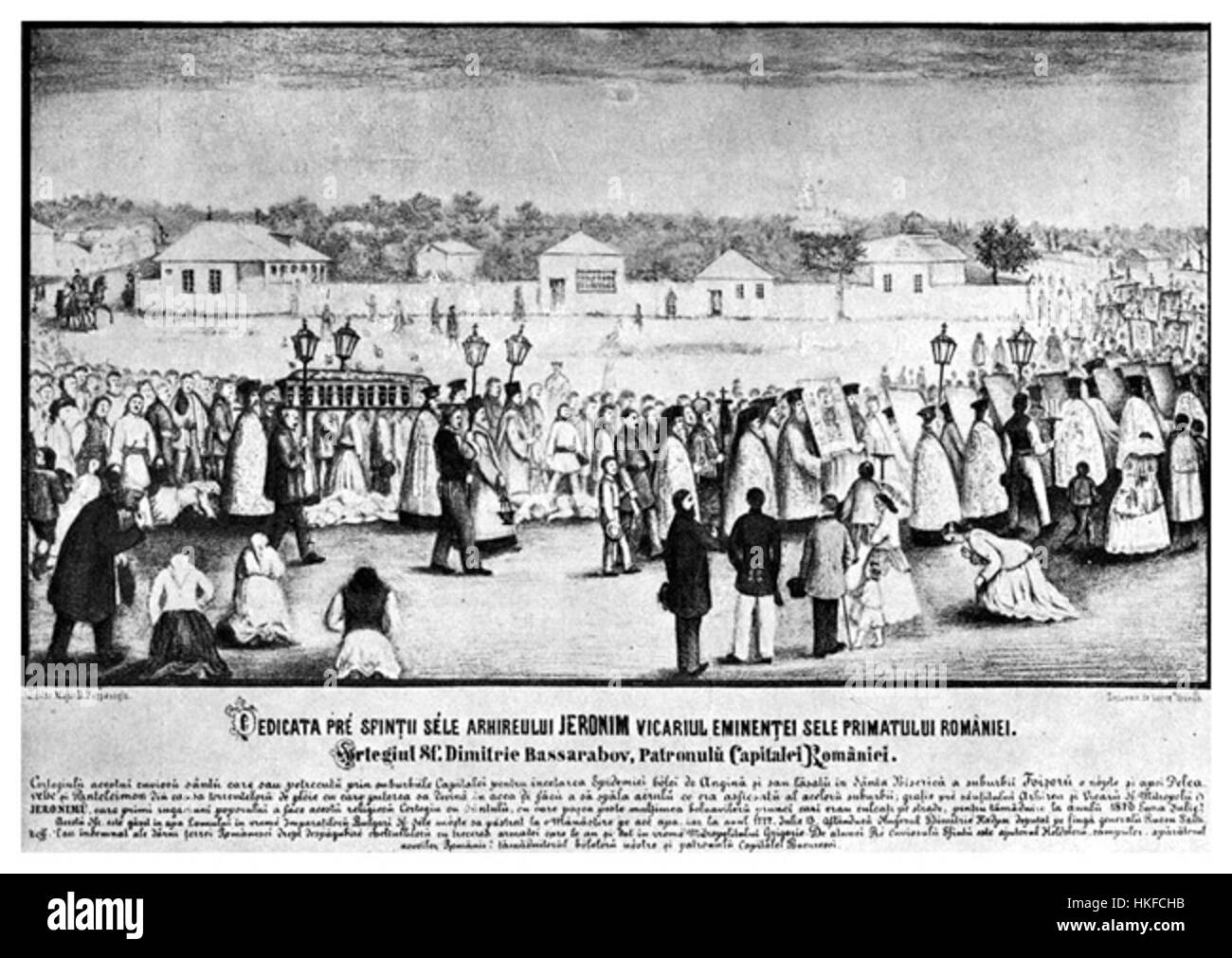 Dieses Gemälde von 1870 zeigt eine Prozession mit den heiligen Reliquien des Heiligen Demetrius, die eine Epidemie stoppen soll. Das Kunstwerk spiegelt die religiöse Leidenschaft und gesellschaftliche Reaktion auf Krisen im Bereich der öffentlichen Gesundheit im 19. Jahrhundert wider. Stockfoto
