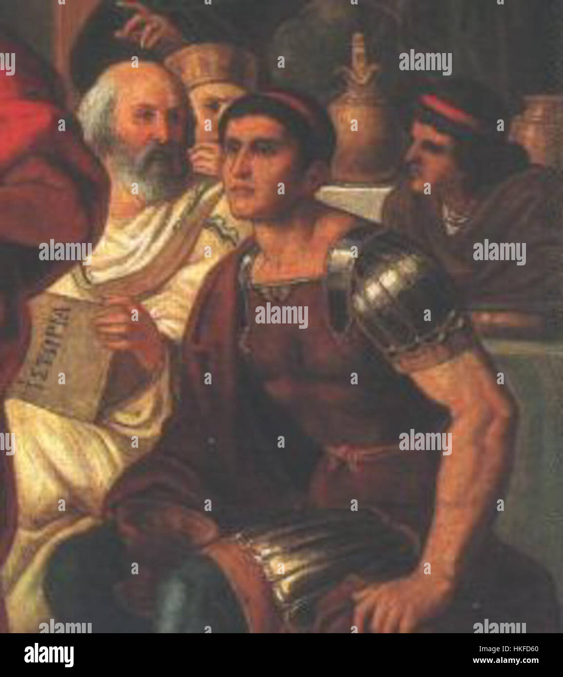 Dieses Porträt von Priscus von Panium, einer historischen Figur aus dem Römischen Reich, fängt seine Bedeutung als Diplomat und Senator ein. Das Kunstwerk spiegelt seinen Beitrag zur römischen Politik und Diplomatie wider. Stockfoto